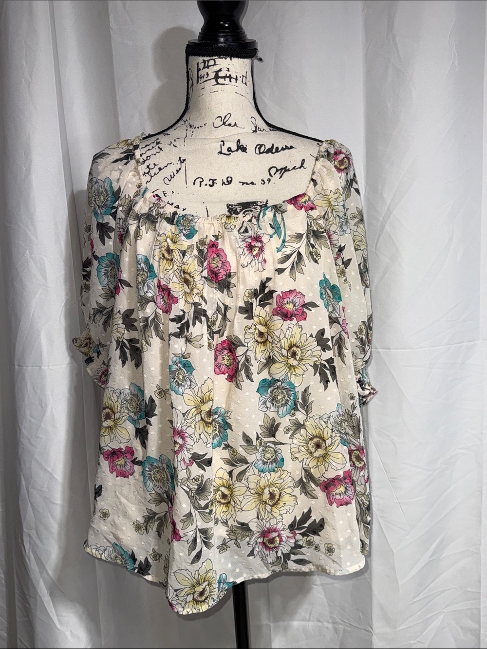 torrid Cream Floral Square-Neck Tunic with Pink, Yellow & Teal Flowers